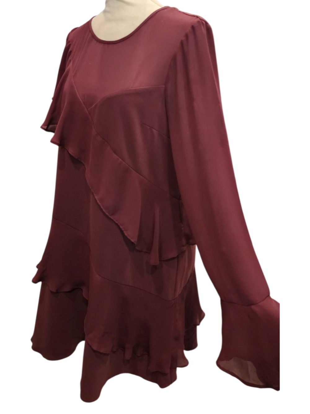 Parker Size M Burgundy Wine Ruffle Long Sleeve Cocktail Dress Asymmetric Flounce
